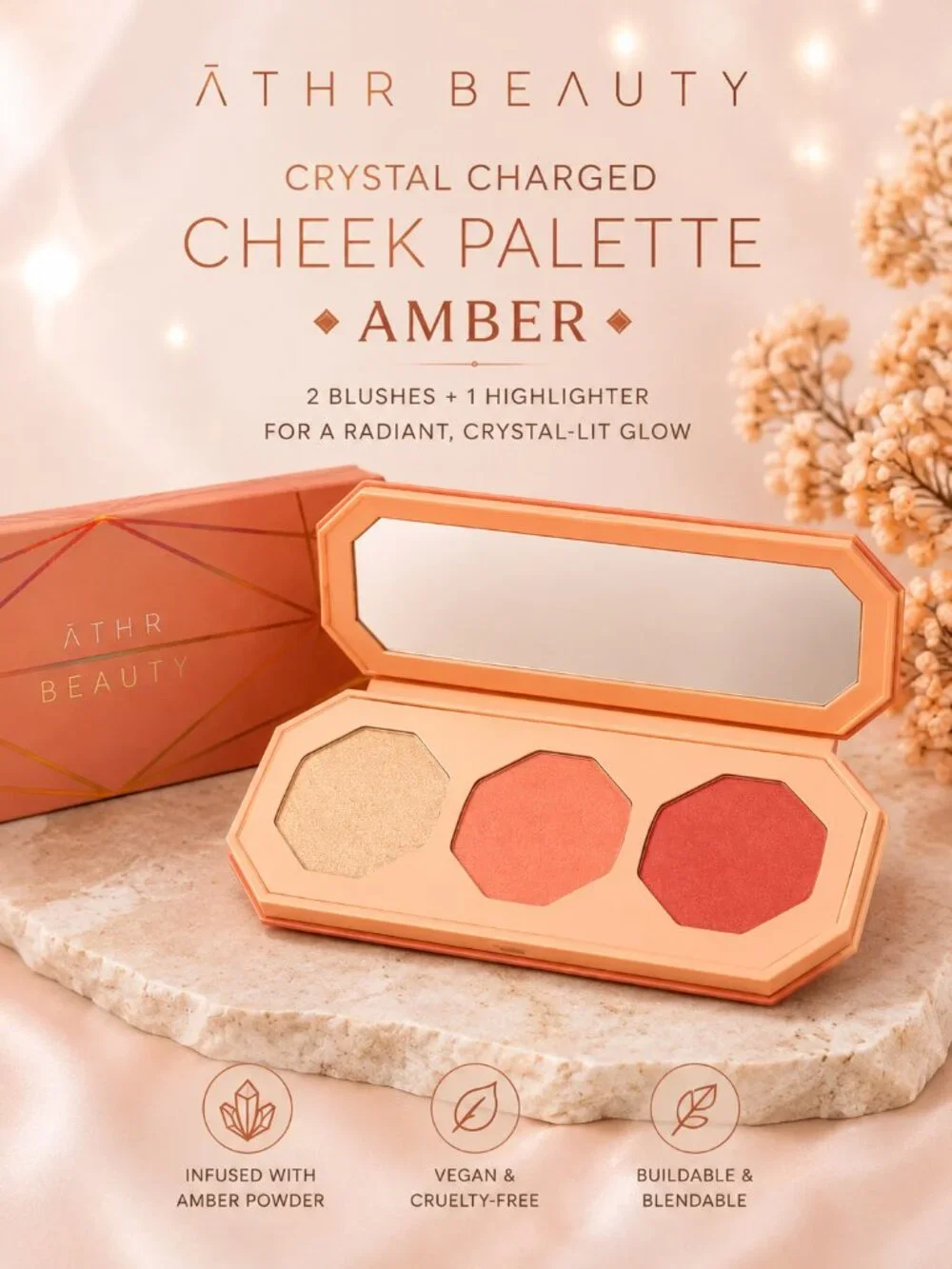 ĀTHR Beauty Crystal Charged Cheek Palette Amber Blush Highlighter Trio